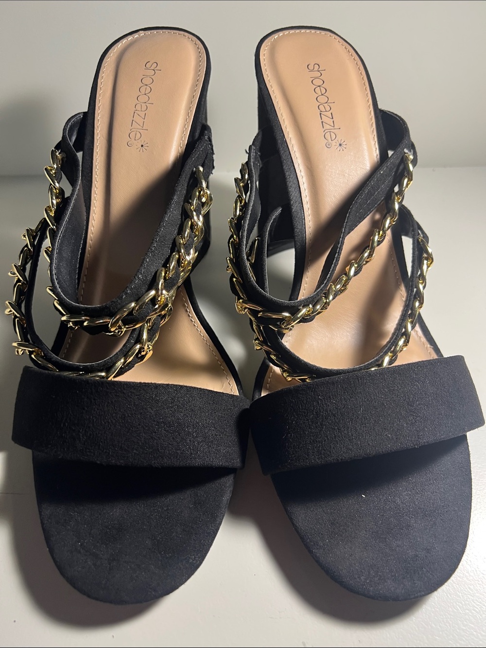 Shoe Dazzle Women’s Black Slide Sandals with Gold Chain Straps